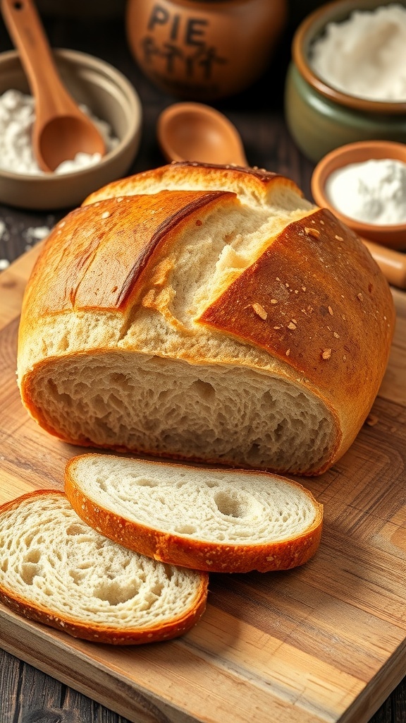 Homemade Artisan Bread Recipe A golden-brown artisan bread loaf on a wooden board, with slices cut to show the soft interior.